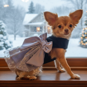 Holiday Dog Harness Dress - Black Velvet with Gray Snowflake Skirt (Option: Small)