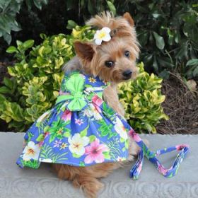 Blue Lagoon Hawaiian Hibiscus Dog Dress with Matching Leash (Option: Medium)
